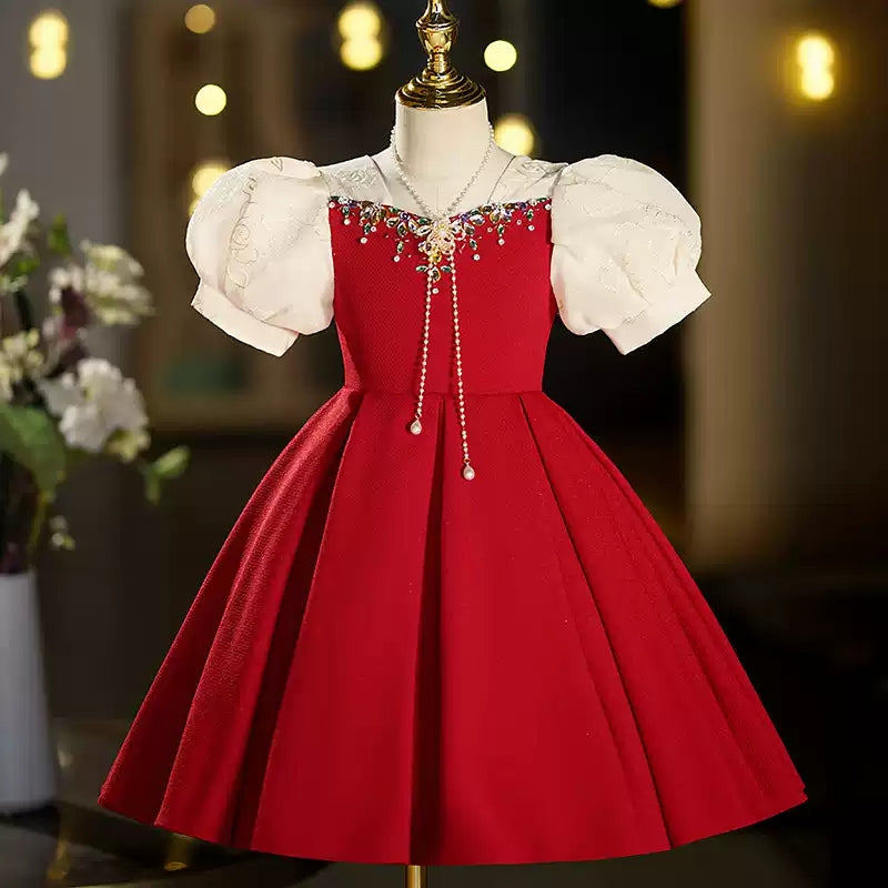 Short Sleeves Tea-Length Red Girl Party Dresses with Rhinestones