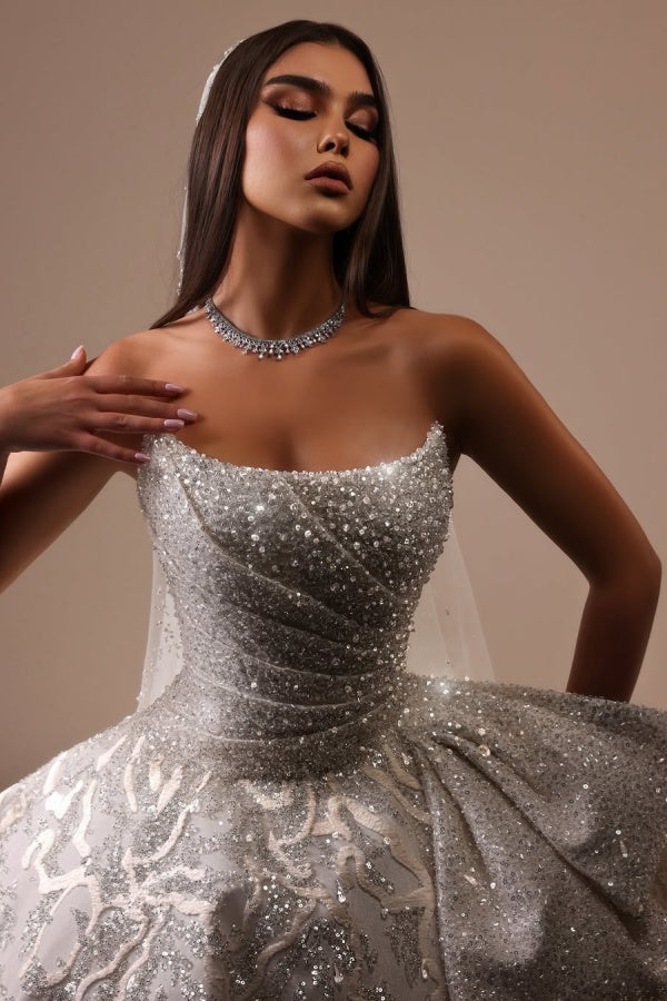 edgynewlook Sliver Strapless Long Prom Dress A-Line Sleeveless with Sequins