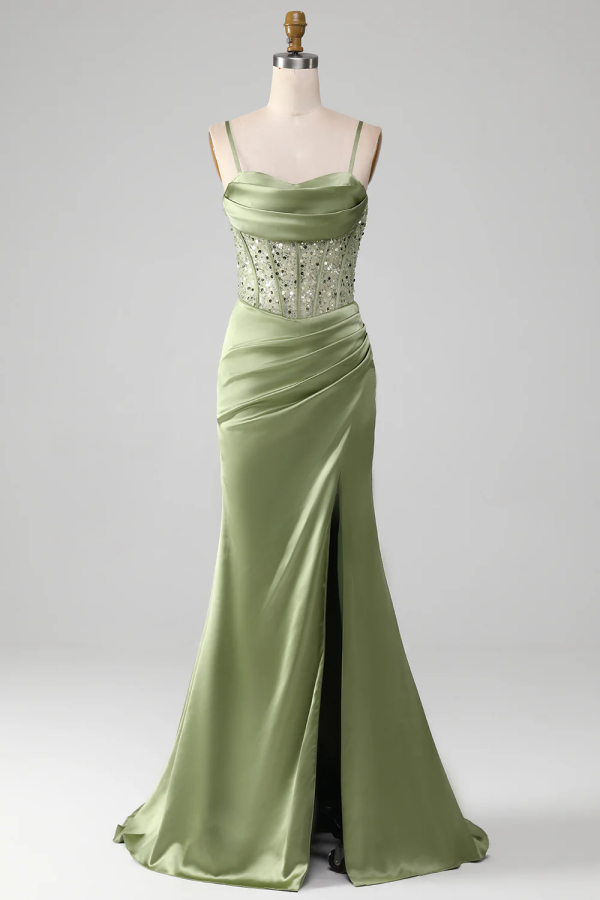 Elegant Light Green Sheath Split Sequins Pleated Prom Dress ZT0569