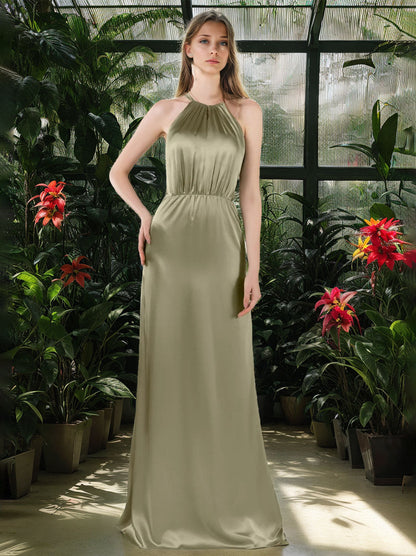 A Line/Princess Halter Sleeveless Floor-Length Bridesmaid Dresses with Ruffles