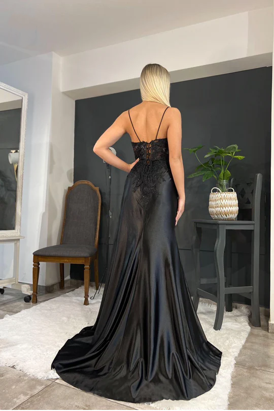 Black Lace Printed Prom Dress Long with High Slit YH0016