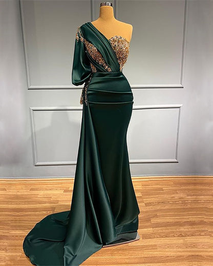 Dark Green One-Shoulder Mermaid Beads Prom Dress With Appliques ED0082