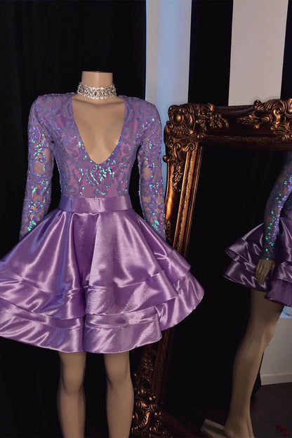 Short Prom Dress Purple Long Sleeves With V Neck Appliques YL0140