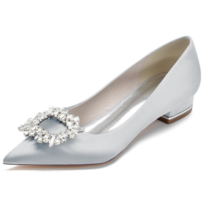 Women's Wedding Shoes Silk Satin Square Rhinestone Low Pointed Toe Bridal Shoes