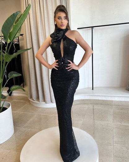 Glamorous Black Sliming Prom Dress Halter Mermaid Dress With Flower LY0016