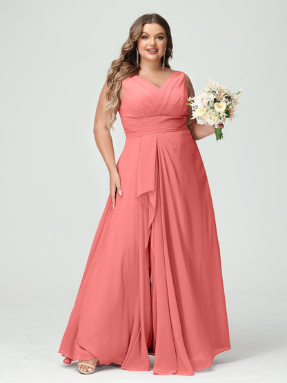 A-Line/Princess V-Neck Sleeveless Chiffon Ruffles Plus Size Bridesmaid Dresses with Pockets & Ruffles