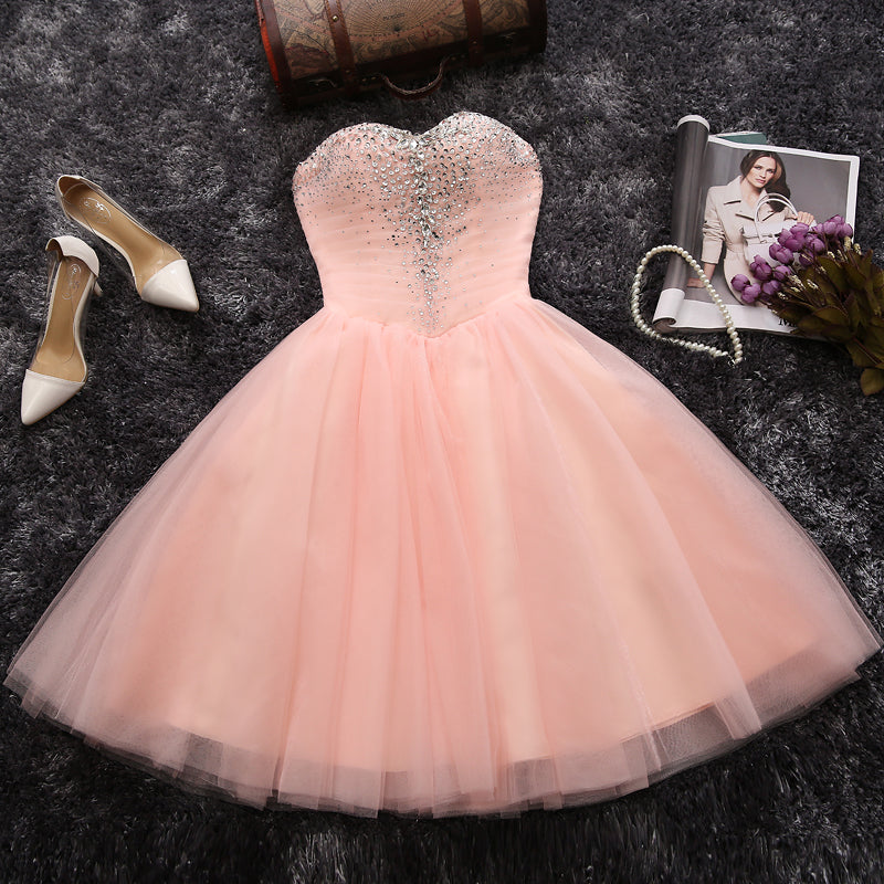 Sweetheart A-line pink strapless short prom dress,homecoming dress  7599