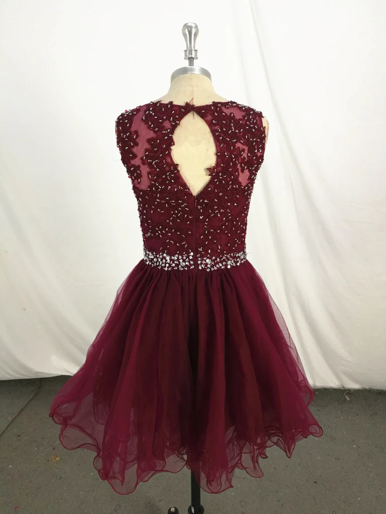 New Handmade Wine Red Knee Length Homecoming Dress, Short Party Dress gh506