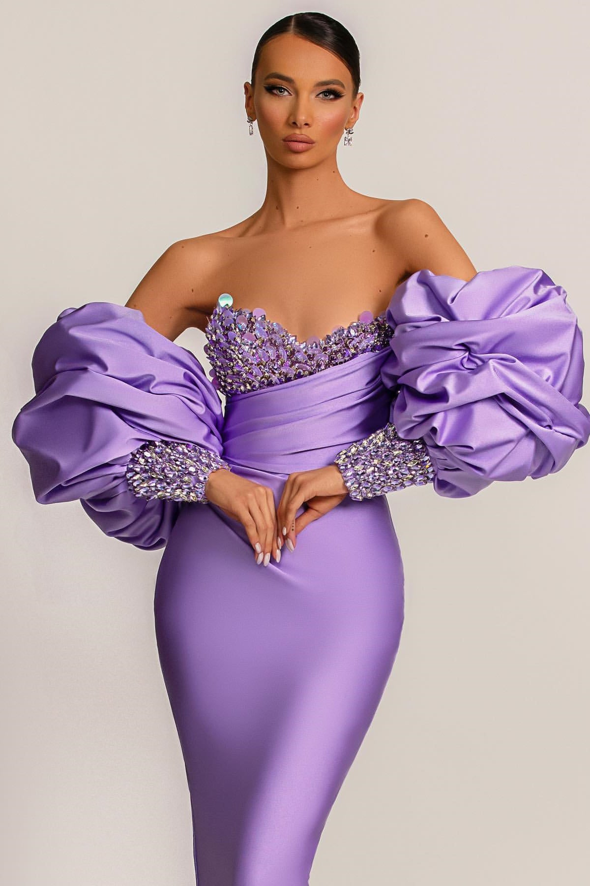 edgynewlook Purple Mermaid Prom Dress With Appliques Puff Sleeves