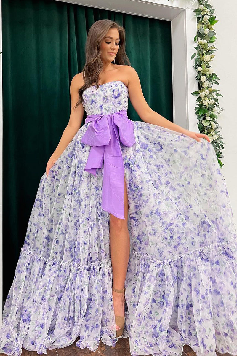 Chic Floral Printed Chiffon Strapless Long Prom Dresses with Slit