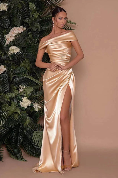 Champagne Off The Shoulder Charmeuse Prom Dress Split Mermaid ED0111