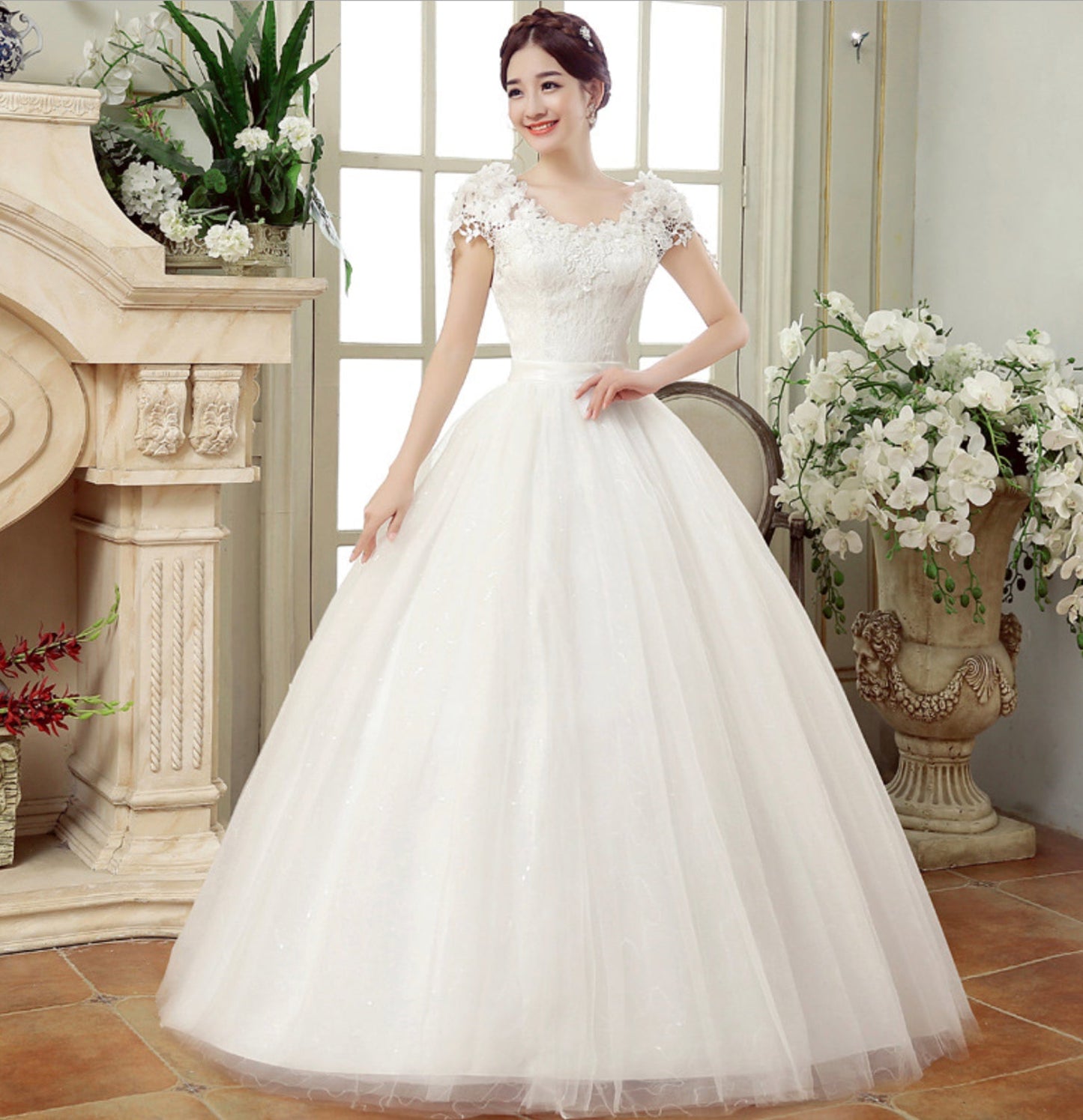 White tulle lace long prom gown wedding dress  10034