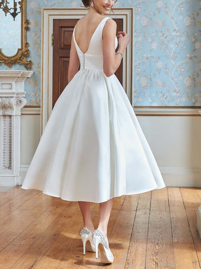 A-Line/Princess V-Neck Tea-Length Sexy Wedding Dress