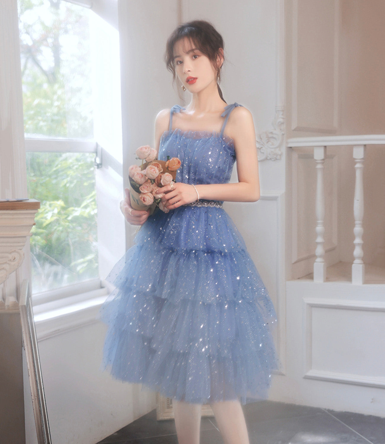 Blue tulle off shoulder prom dress homecoming dress  8896