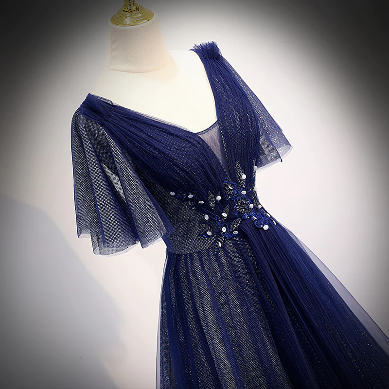 Navy Blue V-Neckline Long Tulle Party Dress With Sleeves, Blue Bridesmaid Dresses Party Dress  gh45