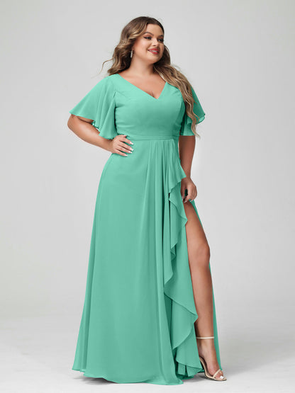 A-Line/Princess V-Neck Half Sleeves Chiffon Plus Size Bridesmaid Dresses with Split Side & Ruffles