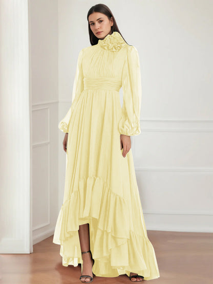 A-Line/Princess Jewel Neck Long Sleeves Asymmetrical Mother of the Bride Dresses with Flower & Ruffles