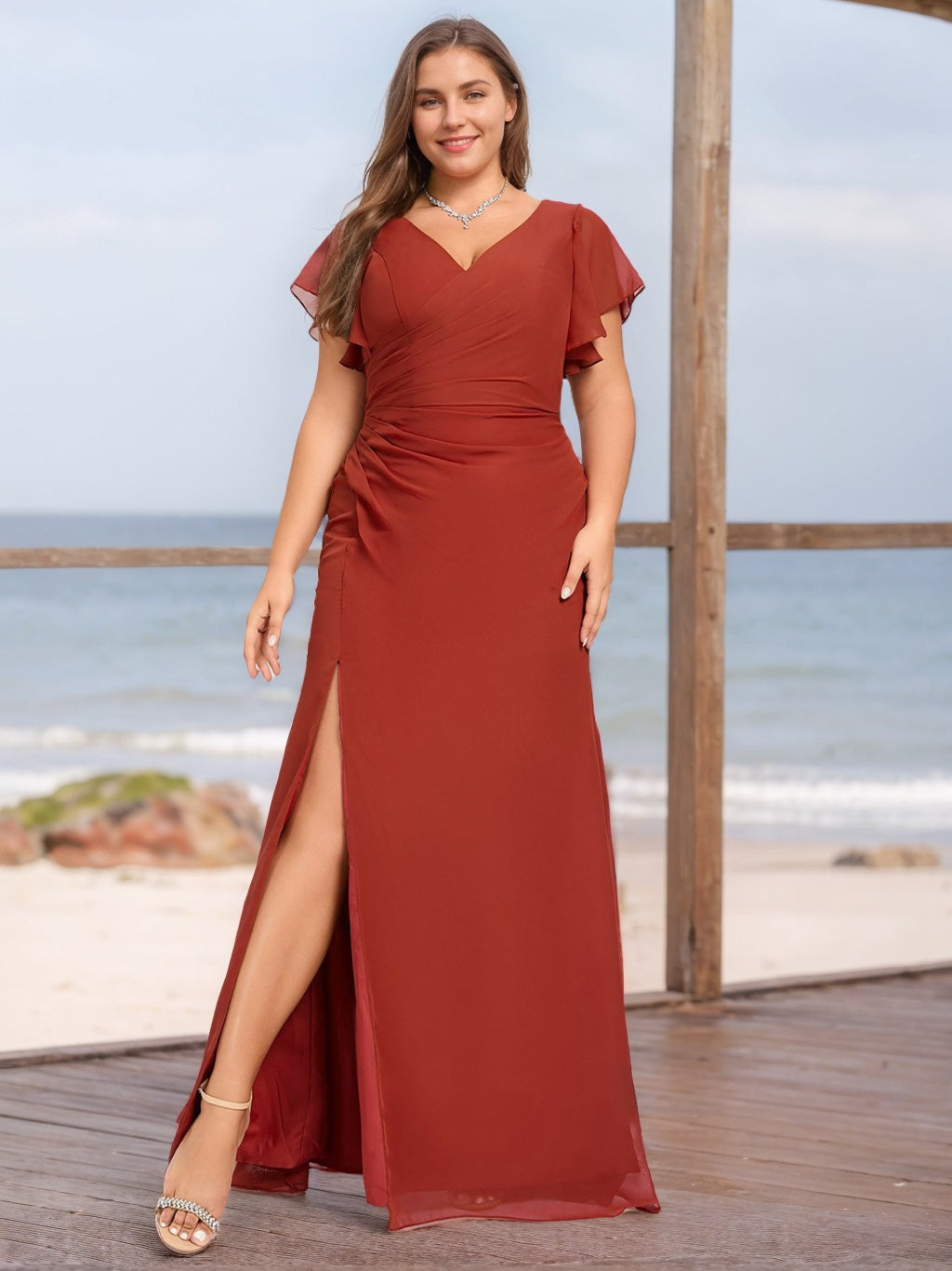 A-Line/Princess V-Neck Short Sleeves Plus Size Bridesmaid Dresses with Ruffles & Split Side