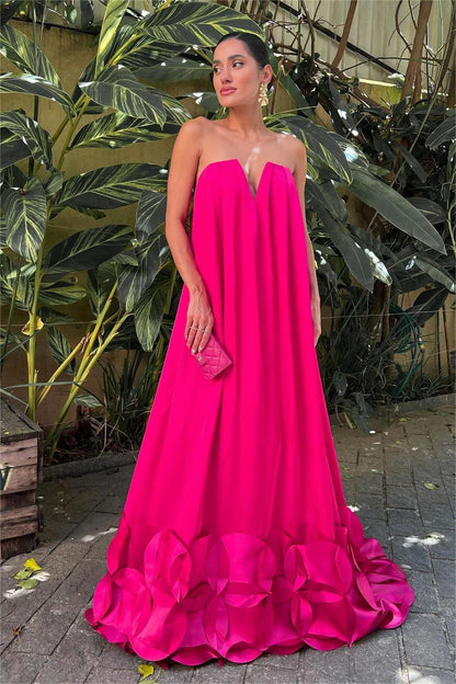 edgynewlook Glamorous Fuchsia Satin Sleeveless Strapless Pleated Long Prom Dress with Flower