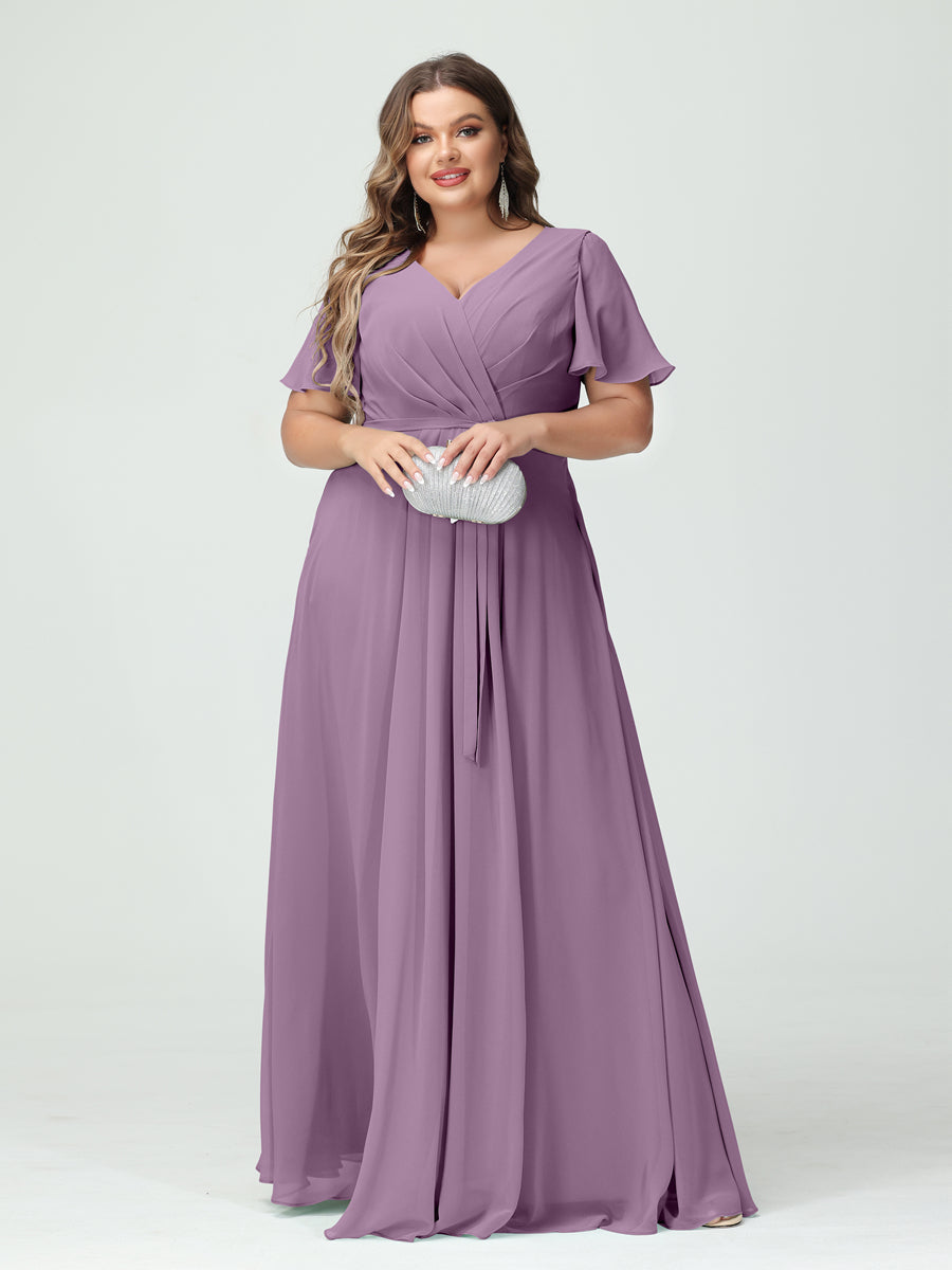 A-Line/Princess V-Neck Short Sleeves Plus Size Bridesmaid Dresses with Pockets Belt & Split Side