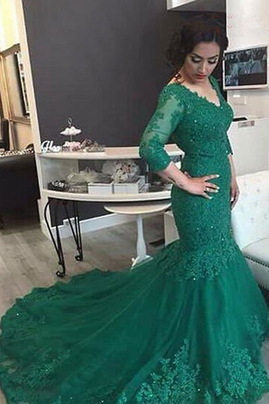 edgynewlook 3/4 Sleeves Mermaid Prom Dress Emerald V-Neck With Lace Appliques