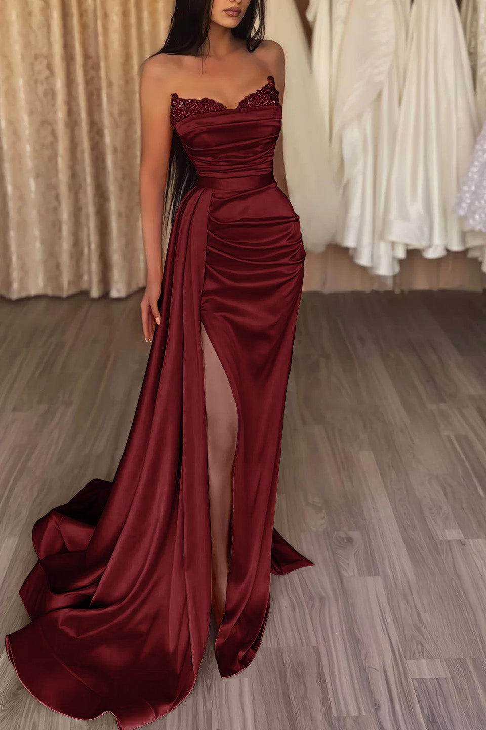 Orange Strapless Long Mermaid Prom Dress Split With Ruffles PD0857