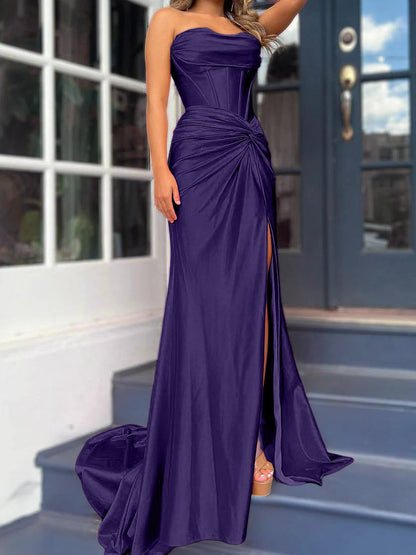 Sheath/Column Strapless Floor-length Long Dresses With Split Side