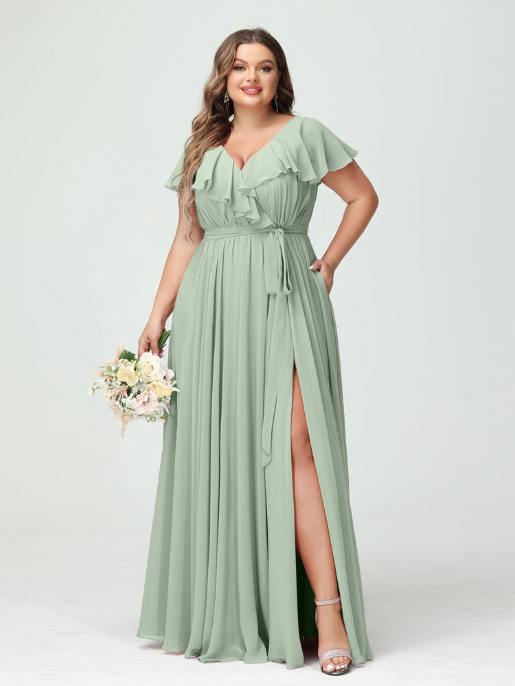 A-Line/Princess V-Neck Short Sleeves Chiffon Plus Size Bridesmaid Dresses With Pockets,Ruffles  ,Ruched & Split Side