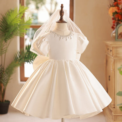 Beaded Round Neck Short Sleeves Knee-Length Baby Girl Party Dress with Bow