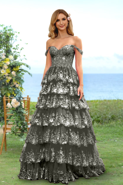 A-Line/Princess Sweetheart Off-the-Shoulder Long Prom Evening Party Floral Dresses with Sequins & Ruffles