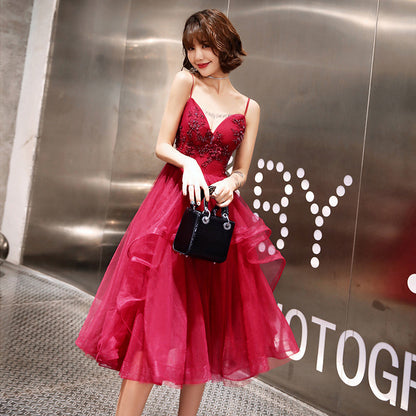 Burgundy tulle lace short prom dress, homecoming dress  8054