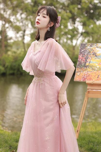 Pink Tulle Long A-Line Ball Gown Evening Gown Bridesmaid Dresses 8869