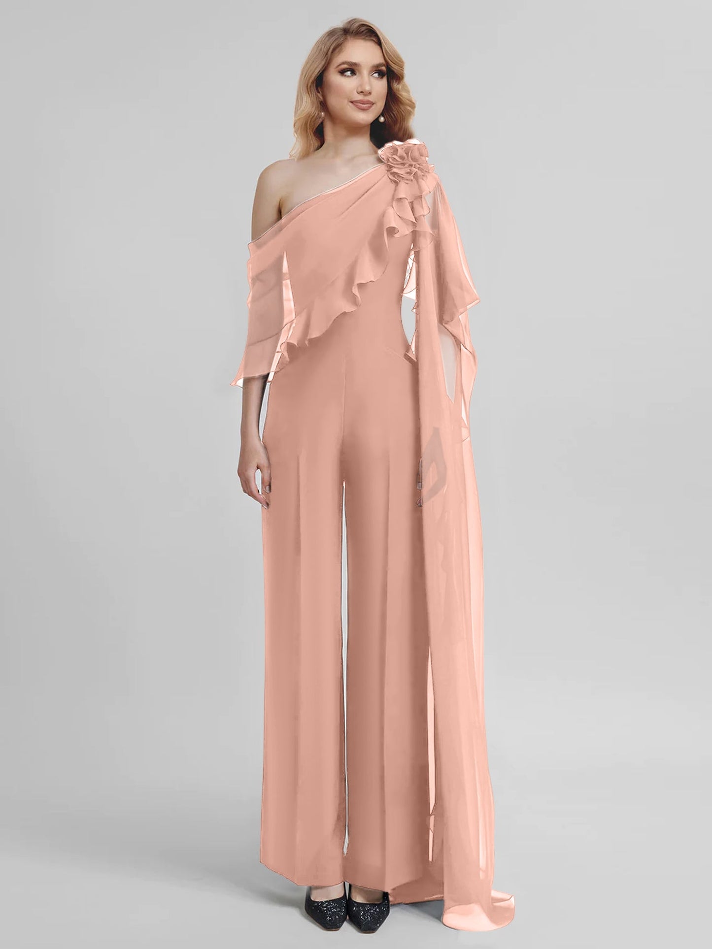 Jumpsuits One-Shoulder Half Sleeves Chiffon Mother Of The Bride Pantsuits