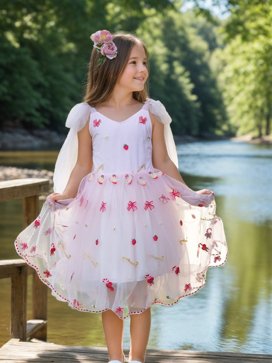 Tulle Knee-length Strawberry Embroidery Flower Girl Dress