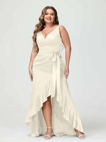 Sheath/Column V-Neck Sleeveless Ruffles High Low Plus Size Dresses with Pockets & Sash