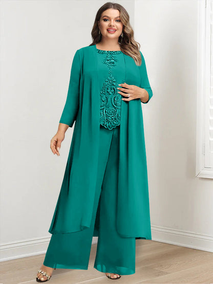 Chiffon Round Neck Floor-Length Plus Size Mother Of The Bride Pantsuits With Jacket & Applique