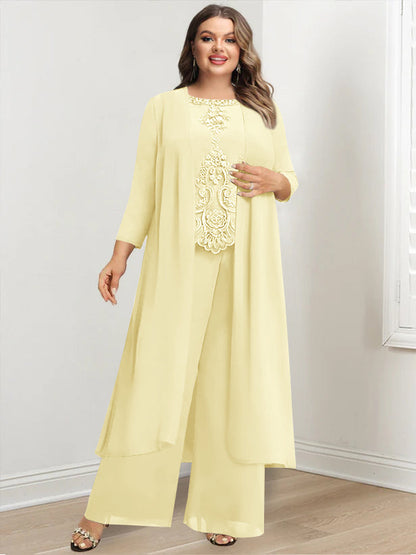 Chiffon Round Neck Floor-Length Plus Size Mother Of The Bride Pantsuits With Jacket & Applique