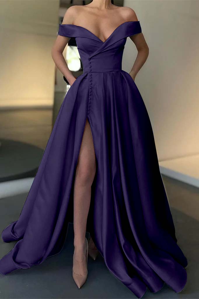 Off-the-Shoulder Long Split Prom Dress PD0386