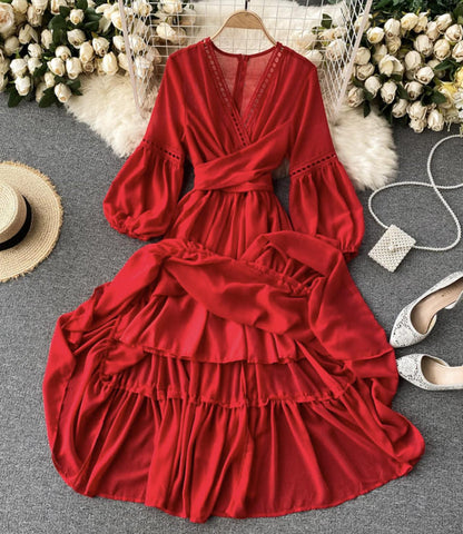 Red A line chiffon dress fashion girl dress  840