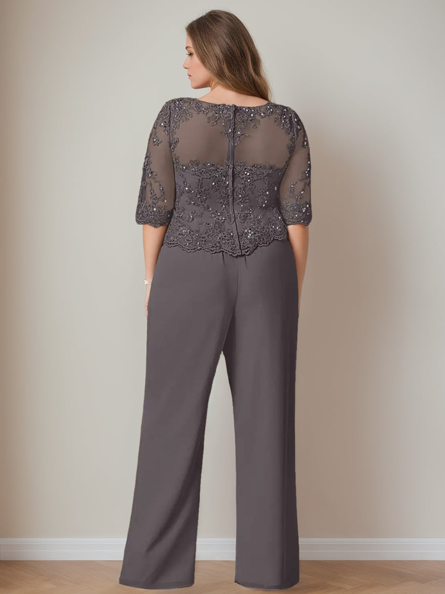 Chiffon 3 Pieces Scoop Neck Long Sleeves Floor-Length Plus Size Mother Of The Bride Pantsuits With Jacket