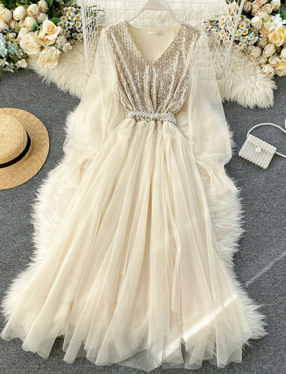 Cute v neck tulle sequins dress girl dress  1318