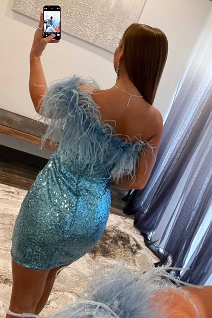 One-Shoulder Light Blue Sequins Feather Mini Homecoming Dress gh1446