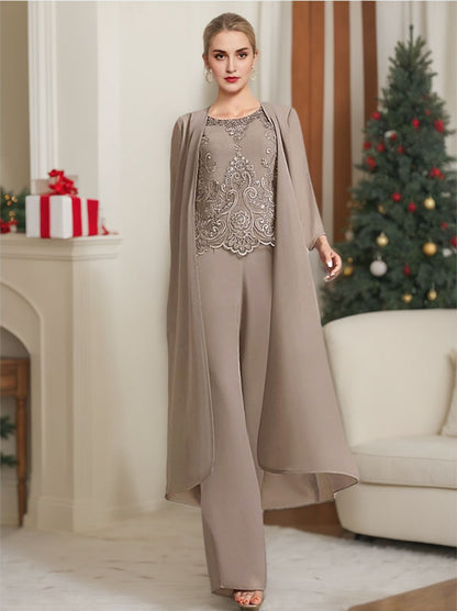 Chiffon Round Neck Floor-Length Mother Of The Bride Pantsuits With Jacket & Applique