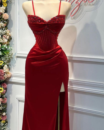 Fashion Red Spaghetti Strap Prom Dress Split Mermaid Dress LY0018