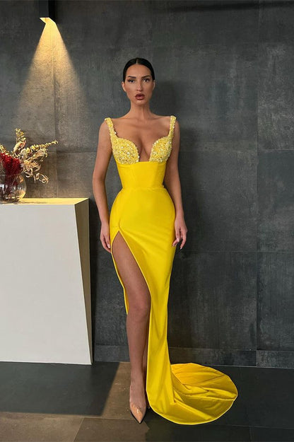 Yellow Sequins Straps Mermaid Prom Dress With Slit PD0445