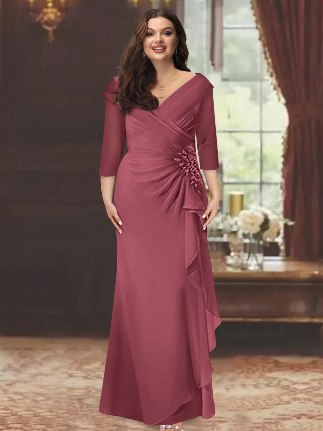 Sheath/Column V-Neck Half Sleeves Floor-Length Plus Size Mother of the Bride Dresses with Ruffles & Appliques