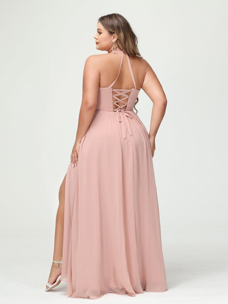 A-Line/Princess Halter Sleeveless Floor-Length Plus Size Bridesmaid Dresses with Pockets & Split Side