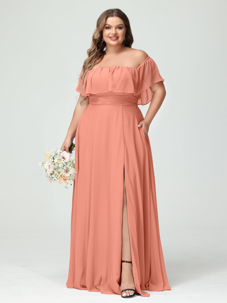 A-Line/Princess Off-the-Shoulder Short Sleeves Chiffon Plus Size Bridesmaid Dresses with Pockets & Split Side