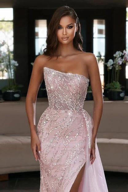 Light Pink Strapless Mermaid Sequins Prom Dress Split With Ruffles Online ED0329