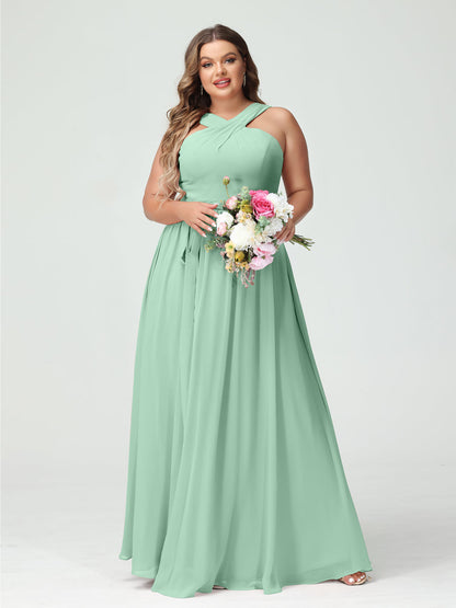 A-Line/Princess/Princess Criss Cross Sleeveless Chiffon Plus Size Bridesmaid Dresses with Sash